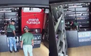 Veja o momento em que ladrões invadem tabacaria em Cuiabá e rendem funcionária grávida